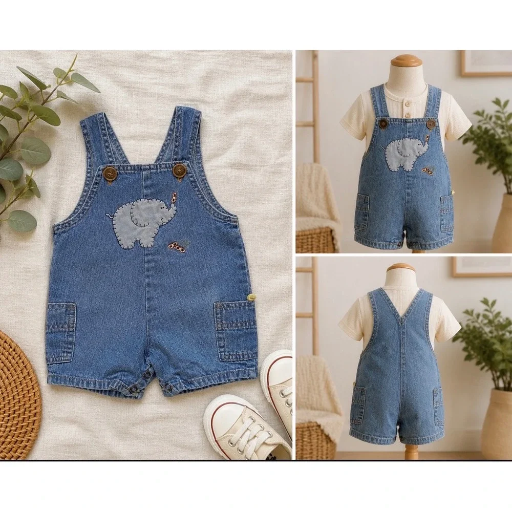 Blooz by Cachcach Vintage Elephant Denim Overalls Romper Light Wash 18M USA Made